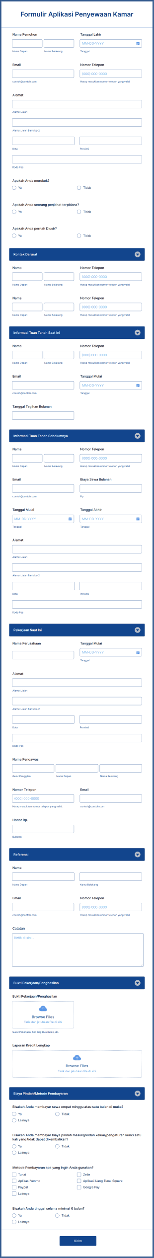 Formulir Aplikasi Penyewaan Kamar Form Template