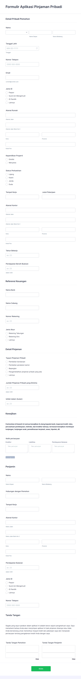 Formulir Aplikasi Pinjaman Pribadi Form Template