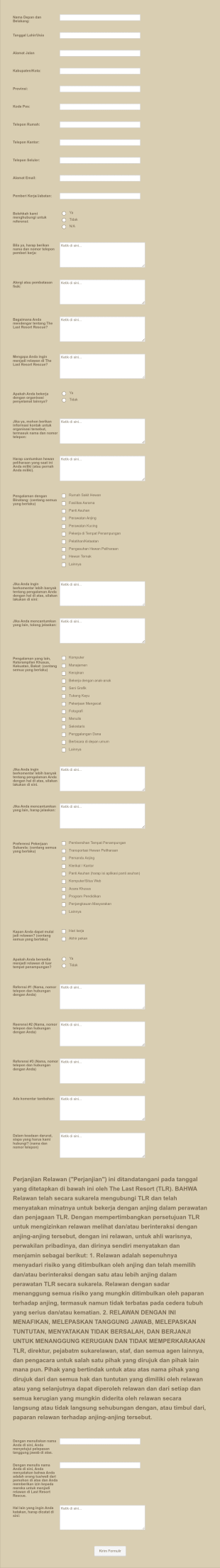 Formulir Aplikasi Relawan Penyelamat Hewan Form Template