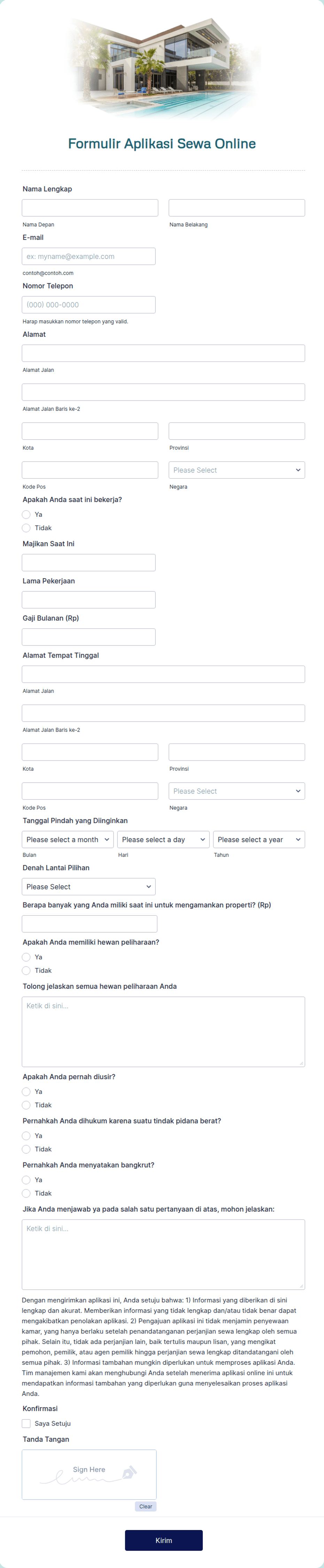 Formulir Aplikasi Sewa Online | Jotform