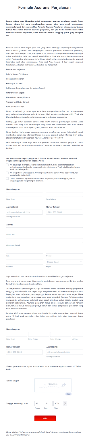 Formulir Asuransi Perjalanan Form Template