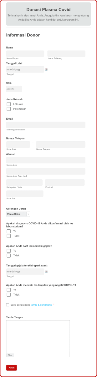 Formulir Donasi Plasma COVID Form Template