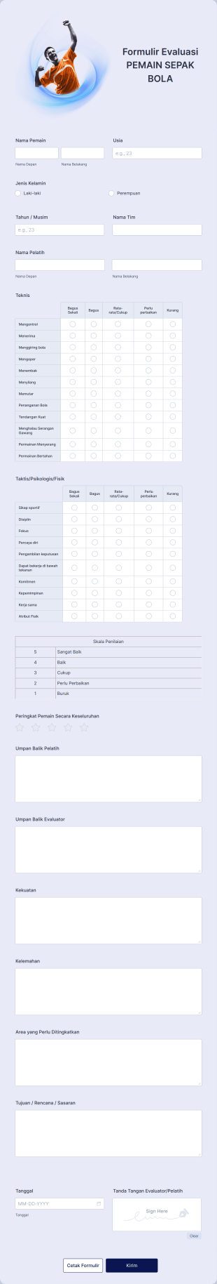 Formulir Evaluasi Pemain Sepak Bola Form Template