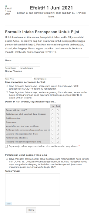 Formulir Intake COVID 19 Untuk Terapi Pijat Form Template