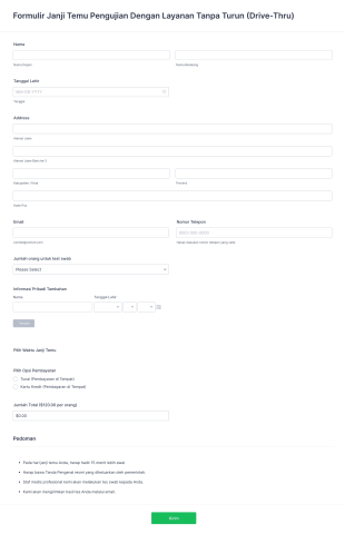Formulir Janji Temu Pengujian Dengan Layanan Tanpa Turun (Drive Thru) Form Template