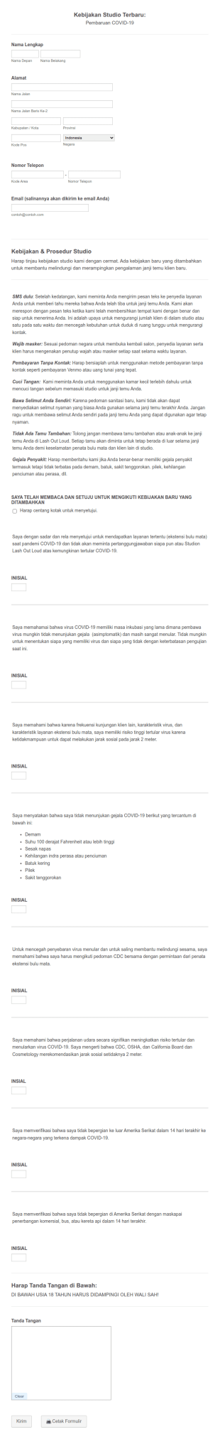 Formulir Kebijakan Studio Untuk COVID 19