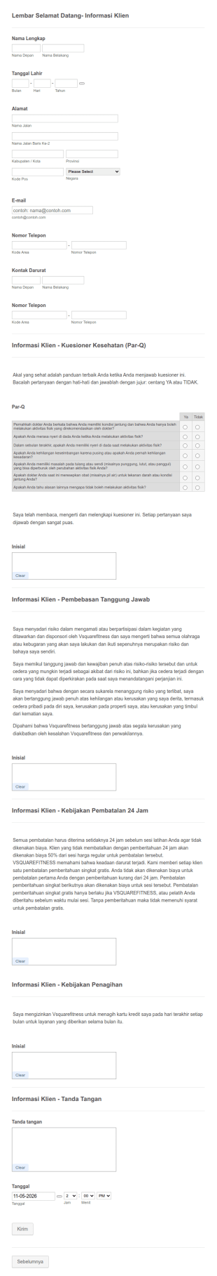 Formulir Kuesioner Kesehatan Pusat Kebugaran
