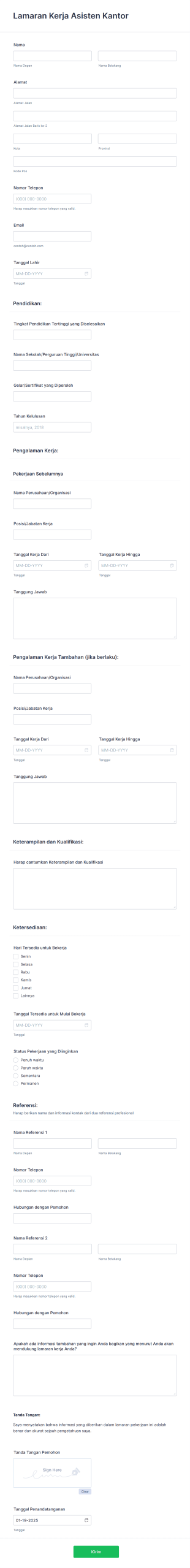 Formulir Lamaran Kerja Asisten Kantor