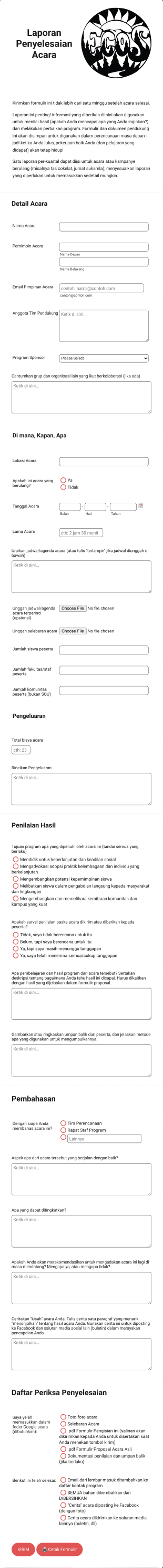 Formulir Laporan Penyelesaian Acara ECOS Form Template