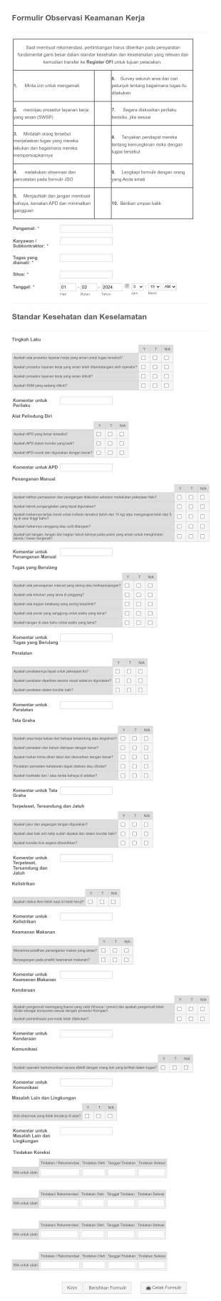 Formulir Observasi Keamanan Kerja Form Template