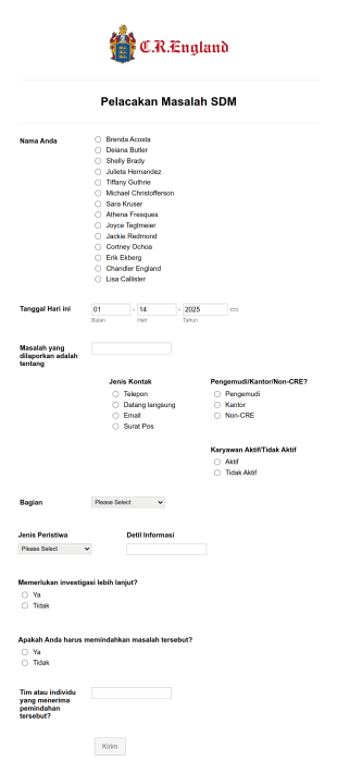 Formulir Pelacakan Masalah SDM Form Template
