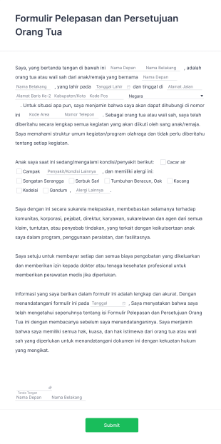 Formulir Pelepasan Dan Persetujuan Orang Tua Form Template