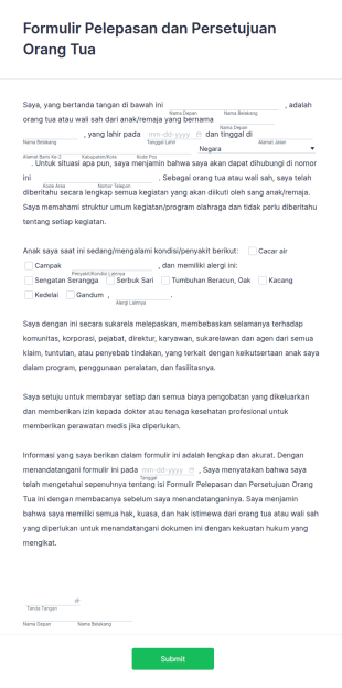 Formulir Pelepasan Dan Persetujuan Orang Tua