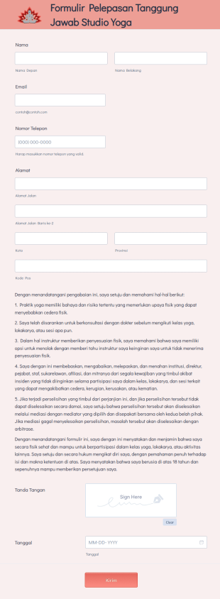 Formulir Pelepasan Tanggung Jawab Praktik Yoga