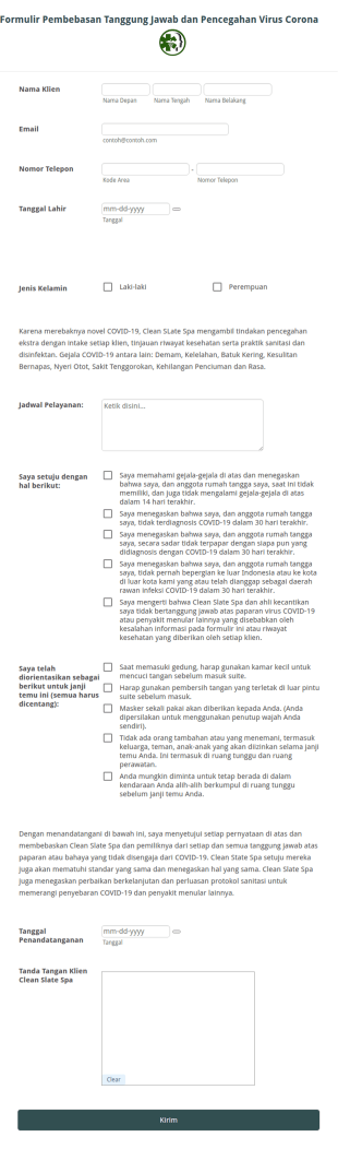 Formulir Pembebasan Tanggung Jawab Dan Pencegahan Virus Corona