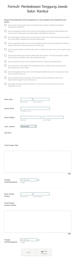 Formulir Pembebasan Tanggung Jawab Salon Rambut Form Template