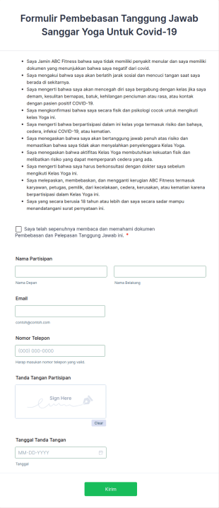 Formulir Pembebasan Tanggung Jawab Sanggar Yoga Untuk Covid 19