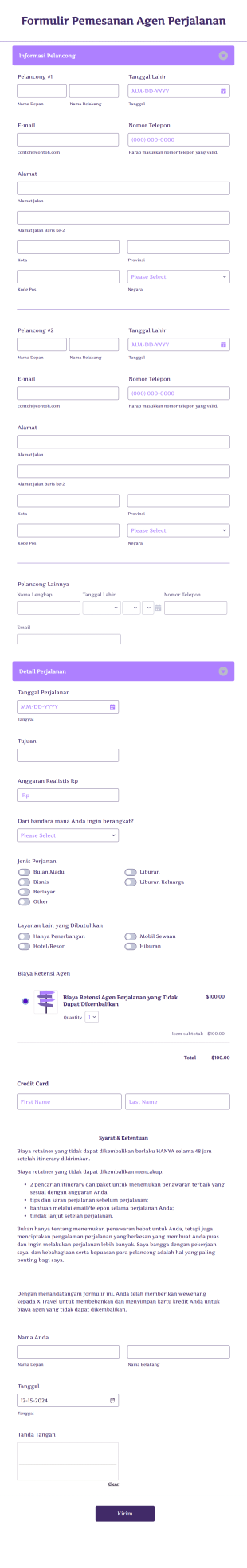 Formulir Pemesanan Agen Perjalanan Form Template