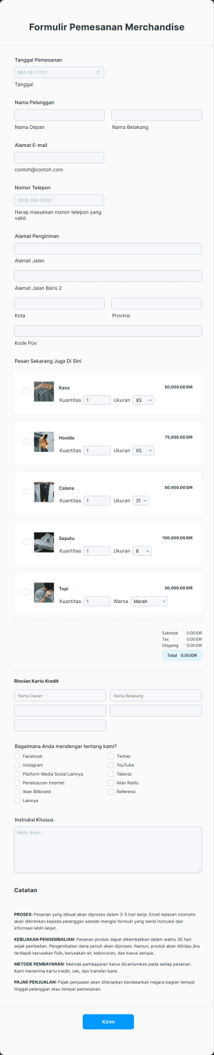 Formulir Pemesanan Merchandise Form Template