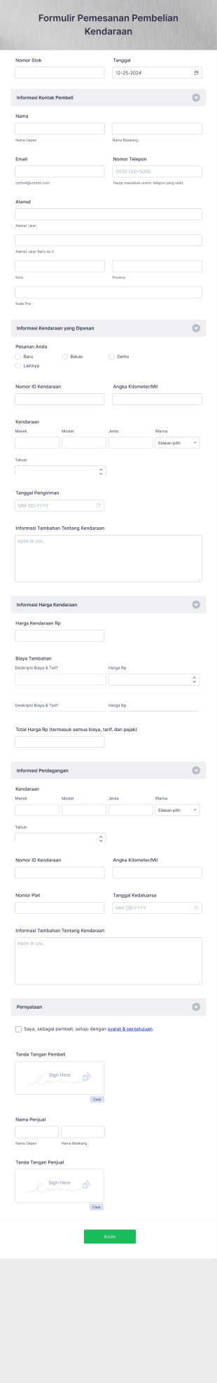 Formulir Pemesanan Pembelian Kendaraan Form Template
