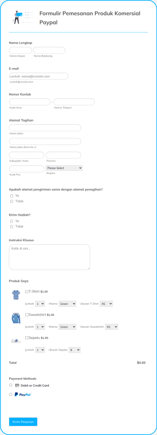 Formulir Pemesanan Produk Akun Paypal Bisnis