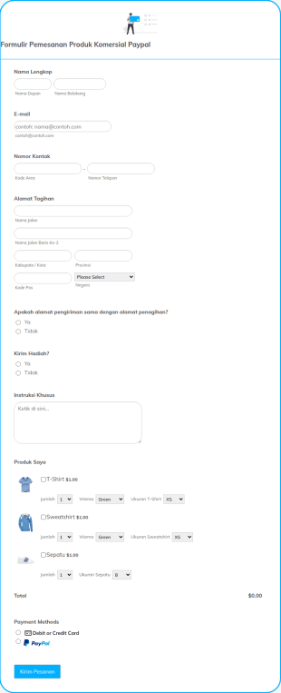 Formulir Pemesanan Produk Akun Paypal Bisnis