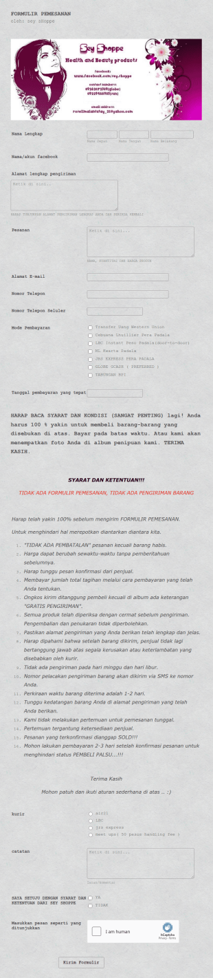 Formulir Pemesanan Tanpa Integrasi Pembayaran