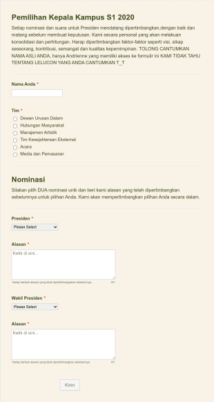 Formulir Pemilihan Presiden Kampus