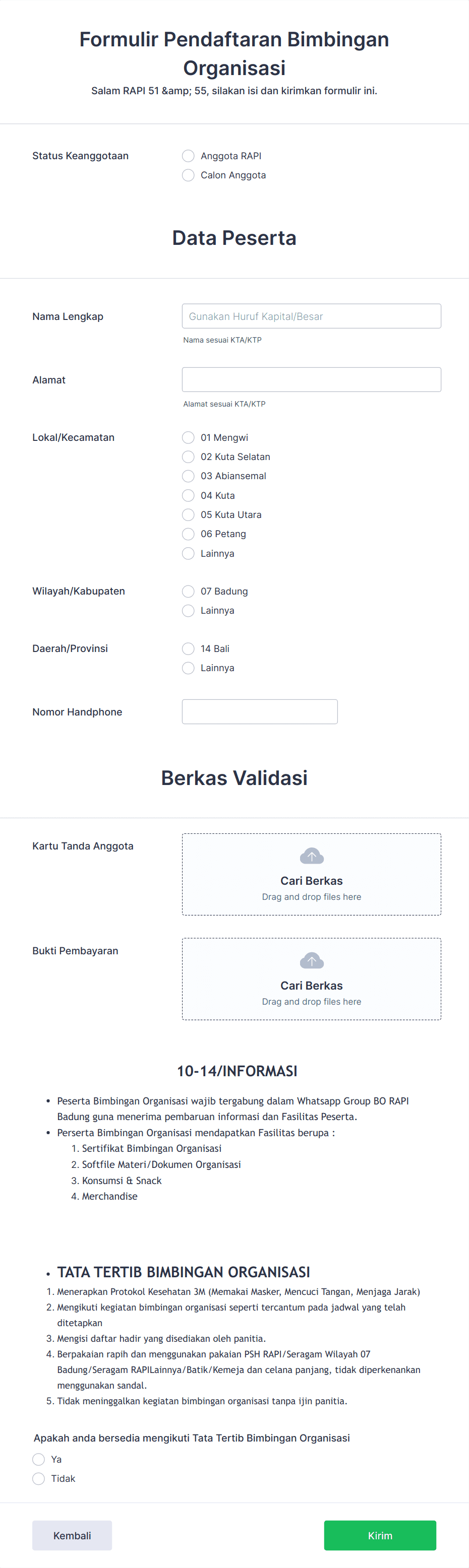 Formulir Pendaftaran Bimbingan Organisasi RAPI Template Formulir | Jotform