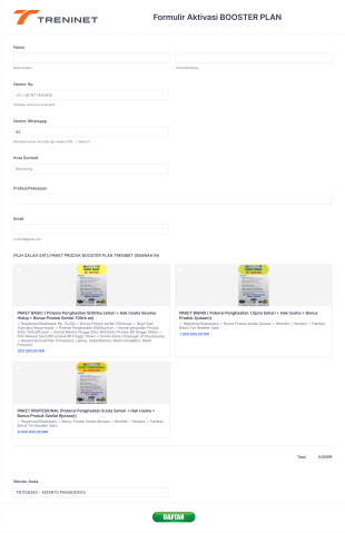 Formulir Pendaftaran BOOSTER PLAN TRENINET Tim Komunitas Reseller Sakti Form Template