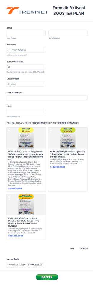 Formulir Pendaftaran BOOSTER PLAN TRENINET Tim Komunitas Reseller Sakti