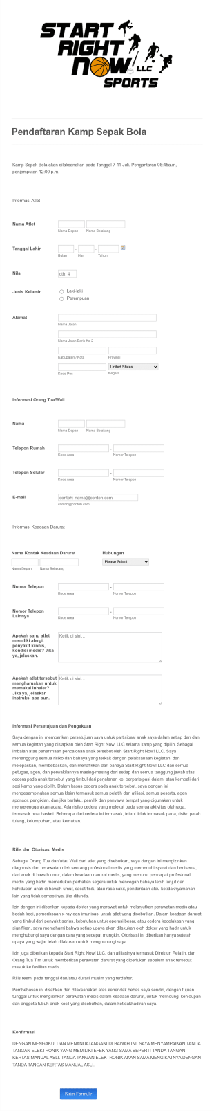 Formulir Pendaftaran Kamp Sepak Bola Form Template
