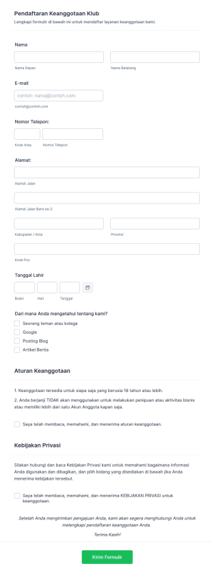 Formulir Pendaftaran Keanggotaan Klub
