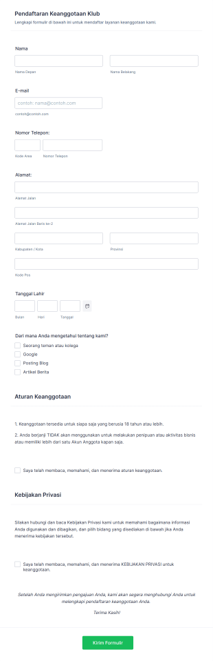 Formulir Pendaftaran Keanggotaan Klub Form Template