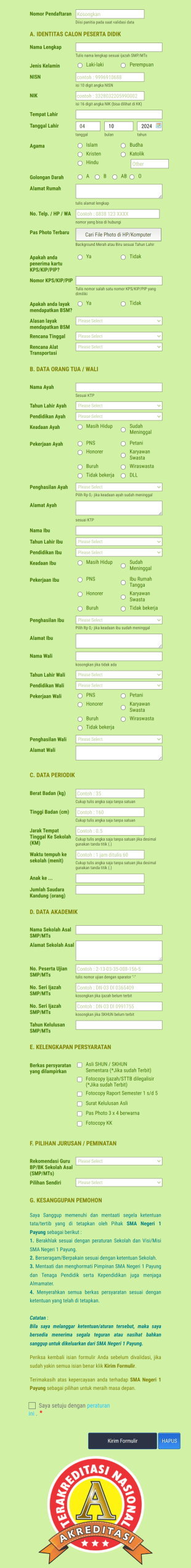 FORMULIR PENDAFTARAN ONLINE PPDB SMA NEGERI 1 PAYUNG