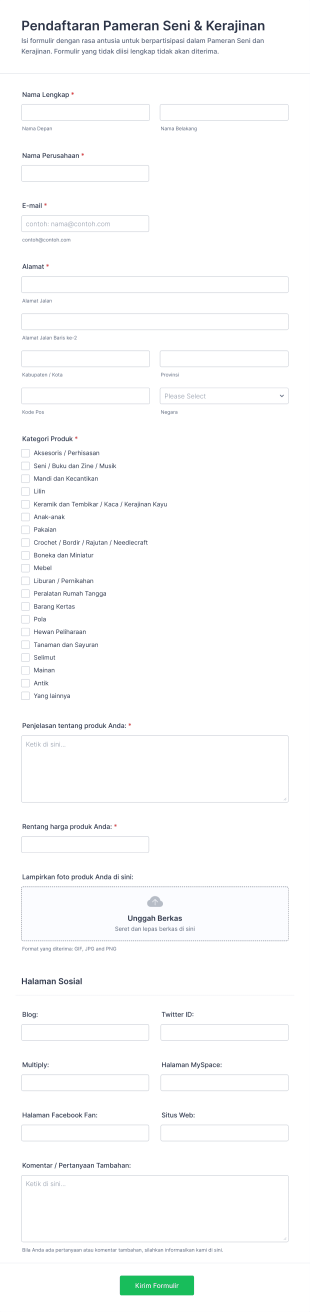 Formulir Pendaftaran Pameran Seni Dan Kerajinan Form Template