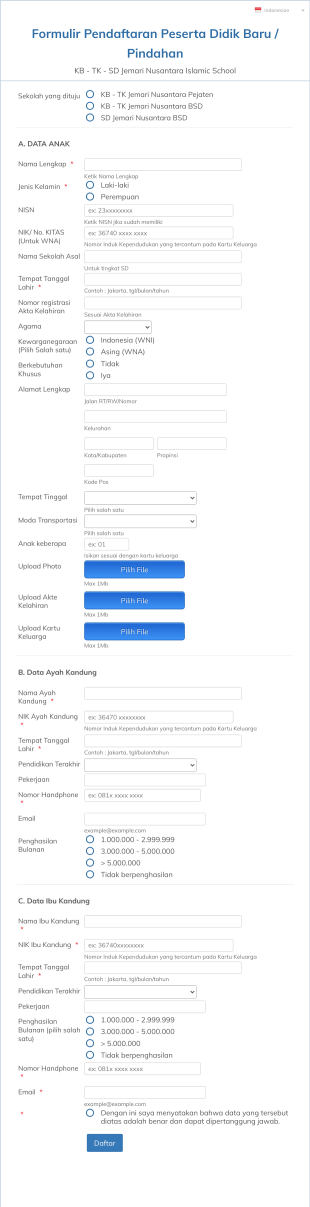 Formulir Pendaftaran Peserta Didik Baru / Pindahan