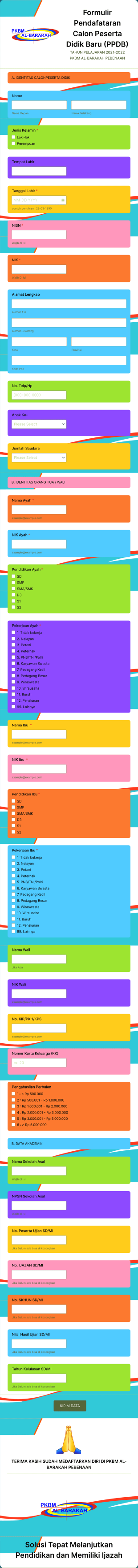 FORMULIR PENDAFTARAN SISWA BARU PKBM AL BARAKAH PEBENAAN Form Template