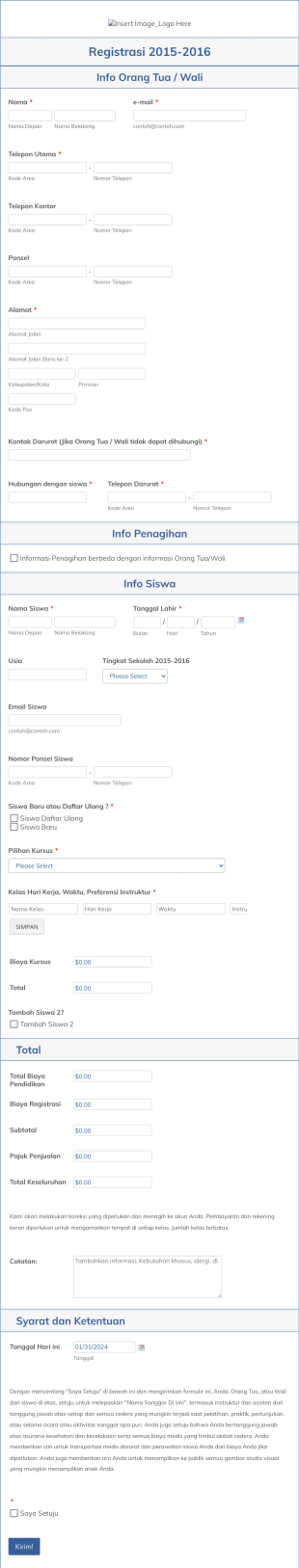 Formulir Pendaftaran Siswa Sanggar Tari Form Template