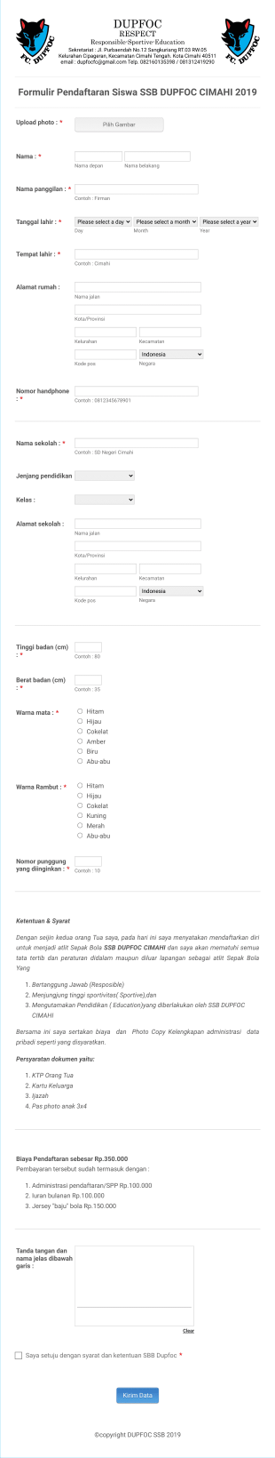 Formulir Pendaftaran Siswa SSB DUPFOC CIMAHI 2019 Final Form Template
