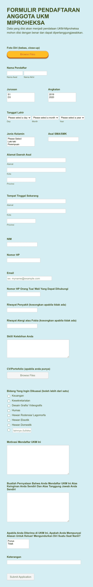 Formulir Pendaftaran UKM Miproheksa 2020/2021 Form Template