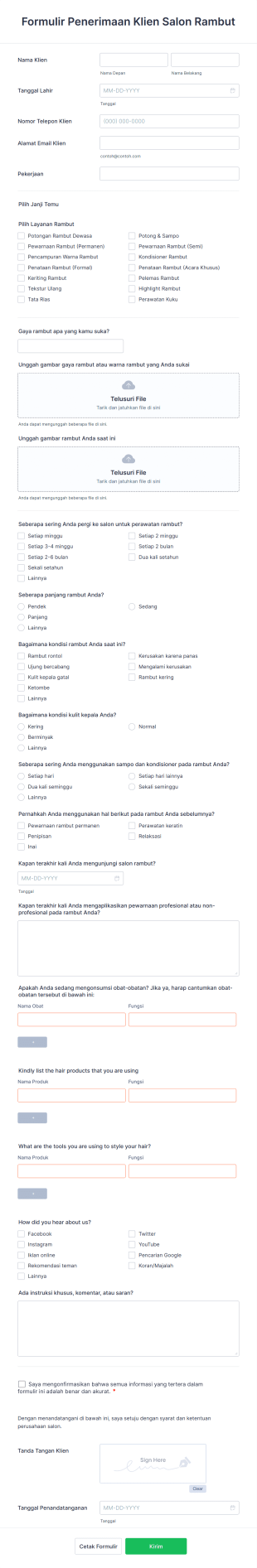 Formulir Penerimaan Klien Salon Rambut