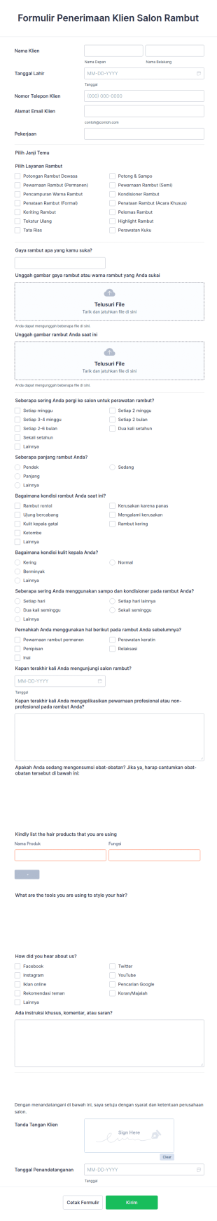 Formulir Penerimaan Klien Salon Rambut