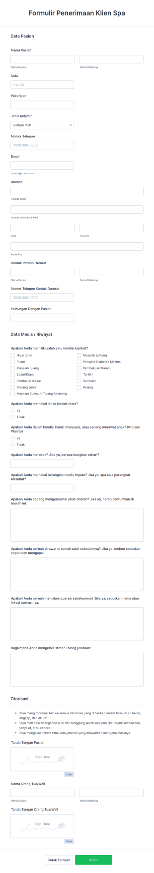 Formulir Penerimaan Klien Spa Form Template