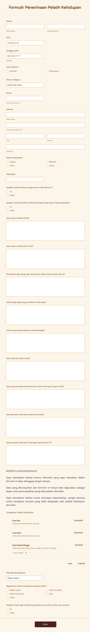 Formulir Penerimaan Pelatih Kehidupan