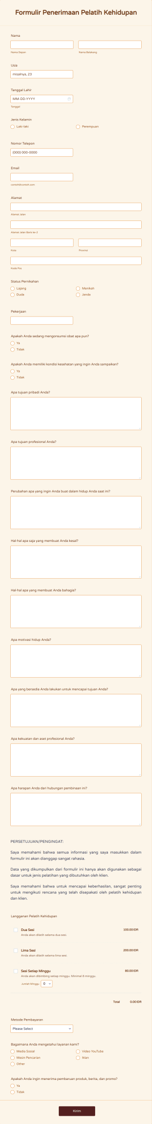 Formulir Penerimaan Pelatih Kehidupan Form Template