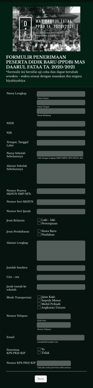 Formulir Penerimaan Peserta Didik Baru (Ppdb) Mas Daarul Fataa Ta. 2020/2021 Form Template