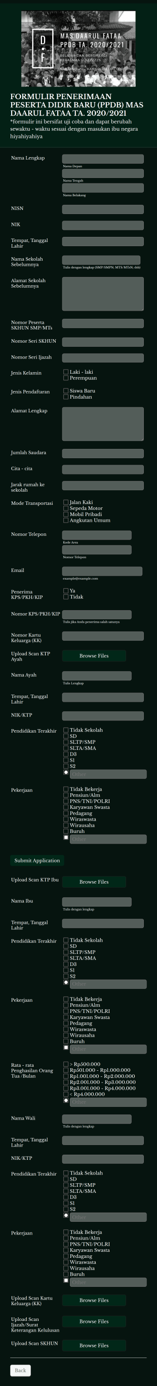 Formulir Penerimaan Peserta Didik Baru (Ppdb) Mas Daarul Fataa Ta. 2020/2021 Form Template