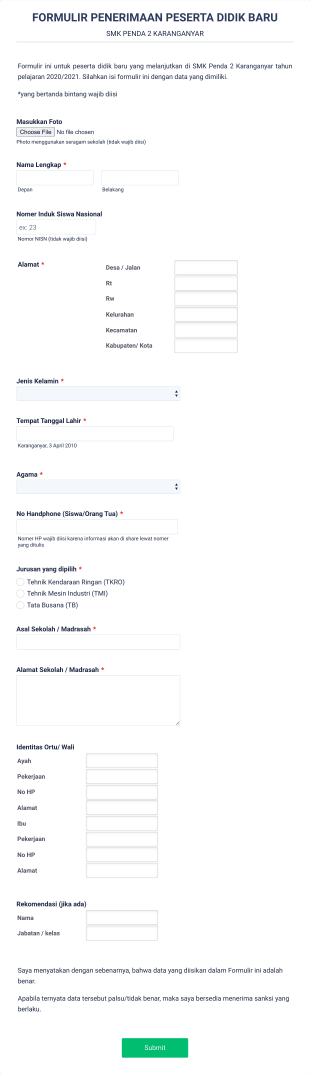 Formulir Penerimaan Peserta Didik Baru Smk Penda 2 Karanganyar Form Template