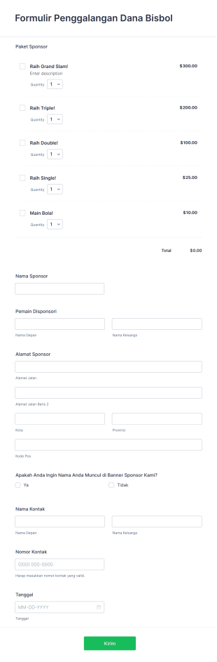 Formulir Penggalangan Dana Bisbol Form Template
